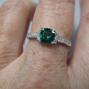 Dainty 925 Sterling Silver Cushion Cut Emerald Ring> Sparkling CZ's, Non Tarnish